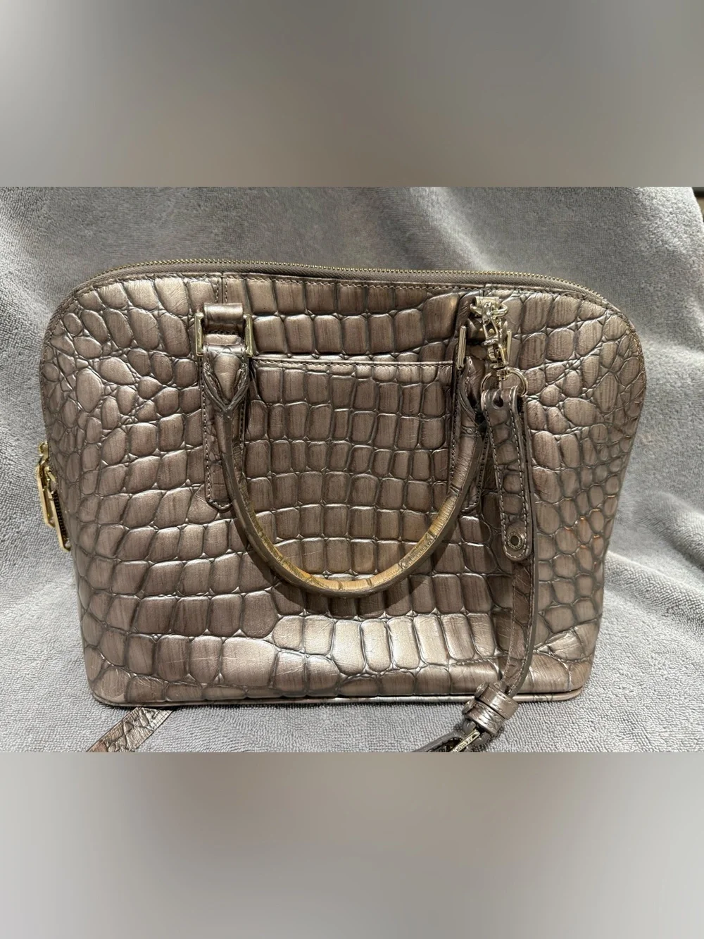 BRAHMIM | Metallic Taupe Croc-Embossed Satchel